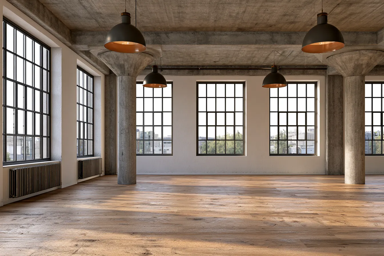 Modern loft space design with industrial ceiling beams, large windows and warm wood flooring