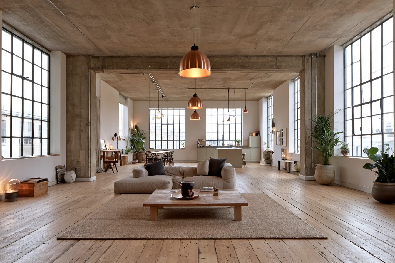 Open-plan loft design with exposed concrete ceiling and steel windows in warm afternoon light