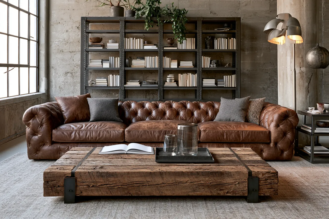Industrial loft living room design with leather sofa, reclaimed wood table and steel shelving