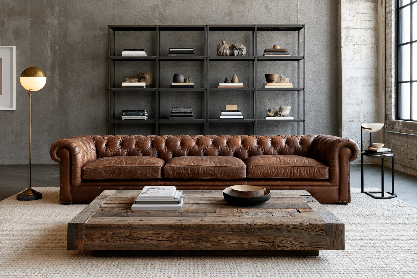 Loft interior design furniture layout featuring concrete wall, wood coffee table and warm lighting