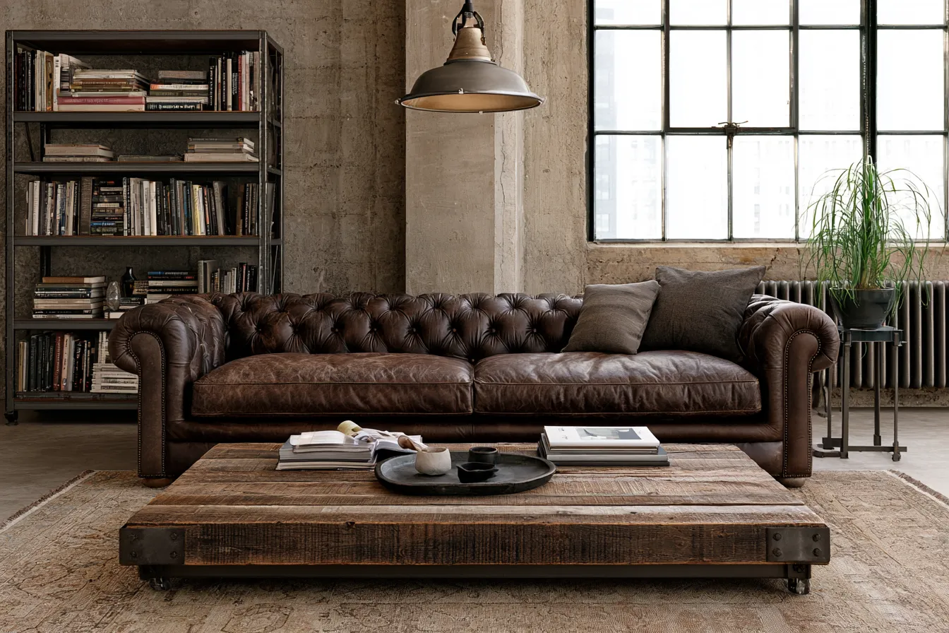 Urban loft design with large leather couch, exposed concrete and open steel shelving unit