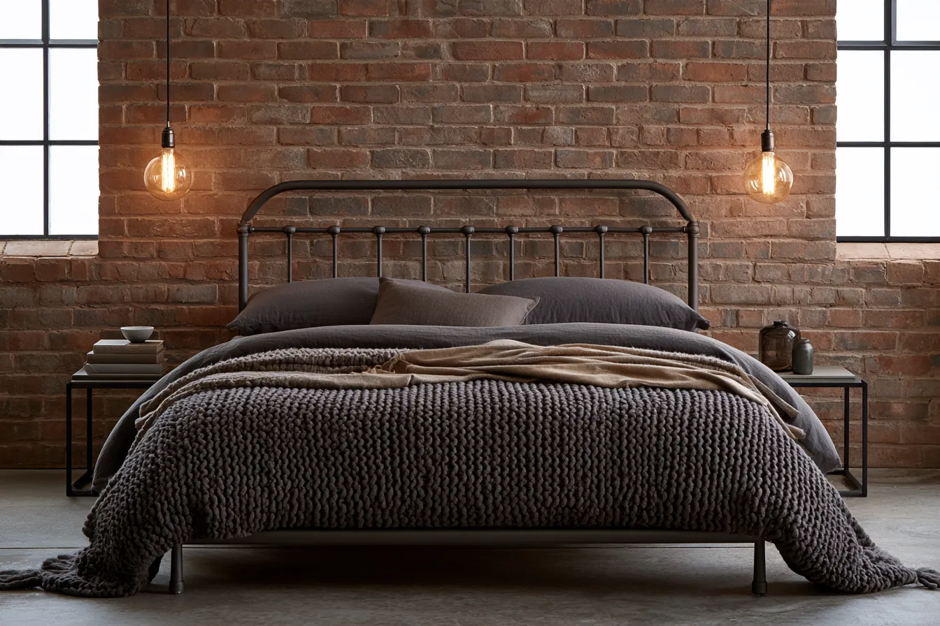 Modern loft design bedroom with exposed brick accent wall and warm industrial lighting