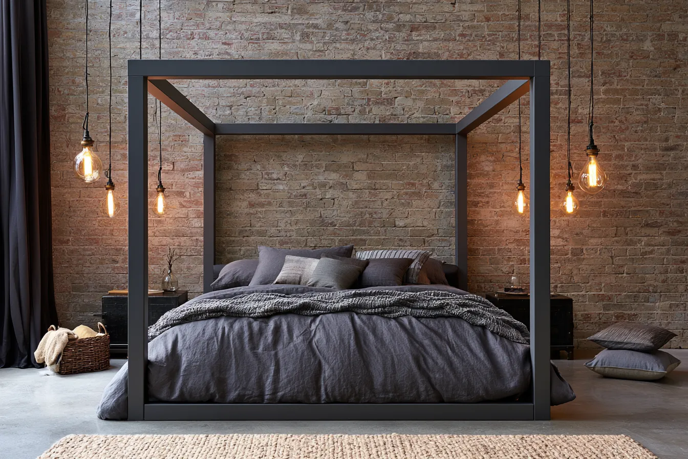 Industrial loft bedroom design with exposed brick wall, steel bed frame and warm Edison lighting