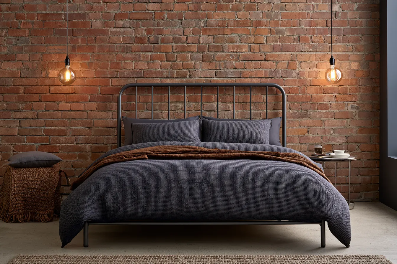 Loft style bedroom interior with raw brick, concrete floor and moody pendant lights