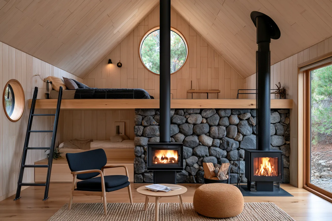 Compact loft style cabin with natural wood ceiling, stone wall and warm window light
