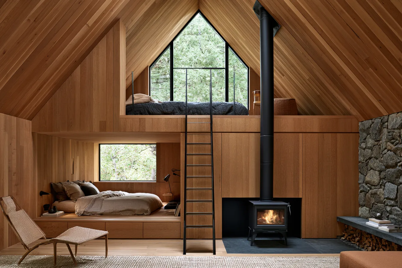 Cozy loft design in a cabin retreat with open mezzanine, raw timber and large glazed window