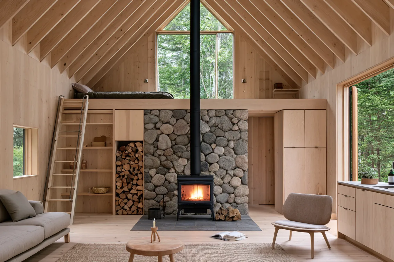 Cabin loft design with pitched timber ceiling, mezzanine sleeping loft and stone fireplace