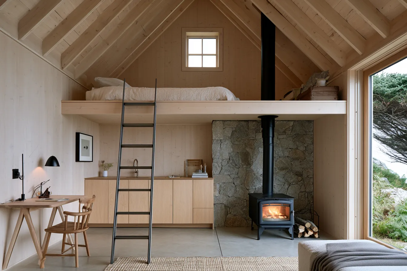 Small loft interior design inside a cabin with exposed wood beams and steel mezzanine ladder
