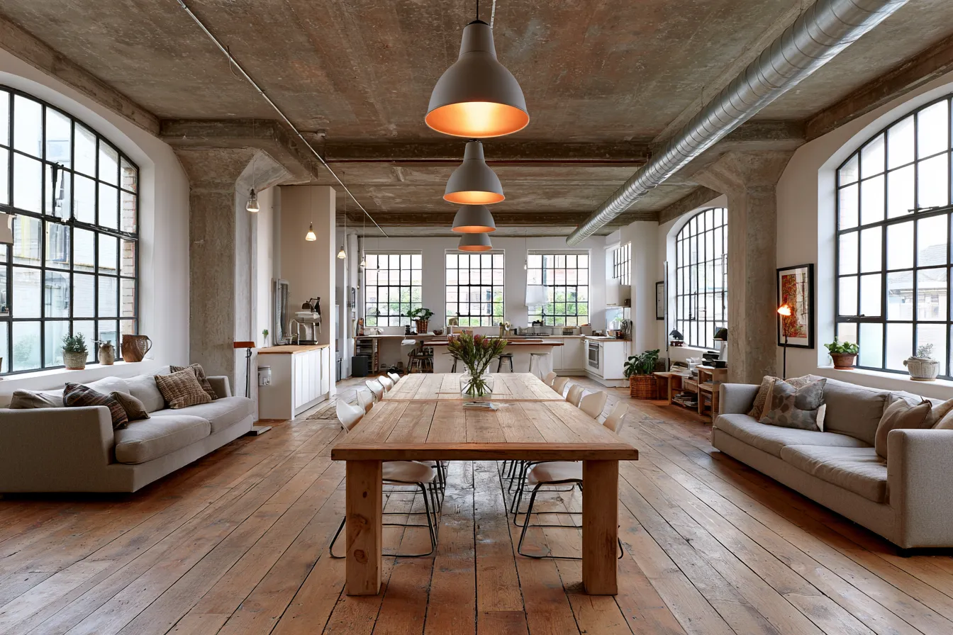 Industrial loft interior design featuring raw concrete, oak floors and pendant lighting