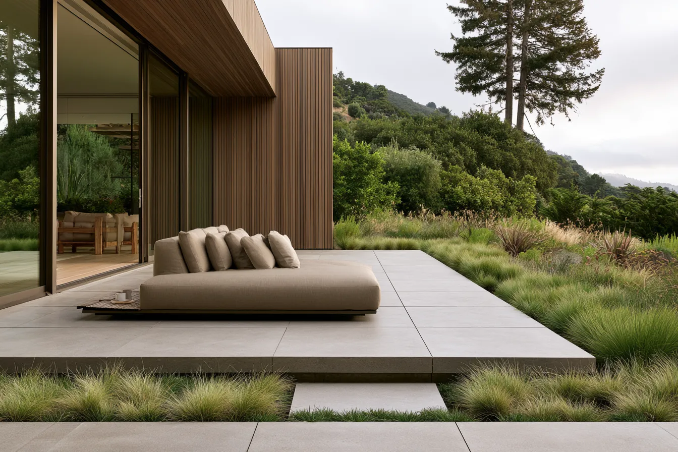 Minimalist garden style with concrete pavers, ornamental grass and low outdoor sofa