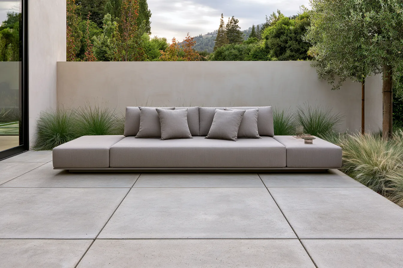 Clean minimalist patio design featuring sparse planting and warm grey furniture