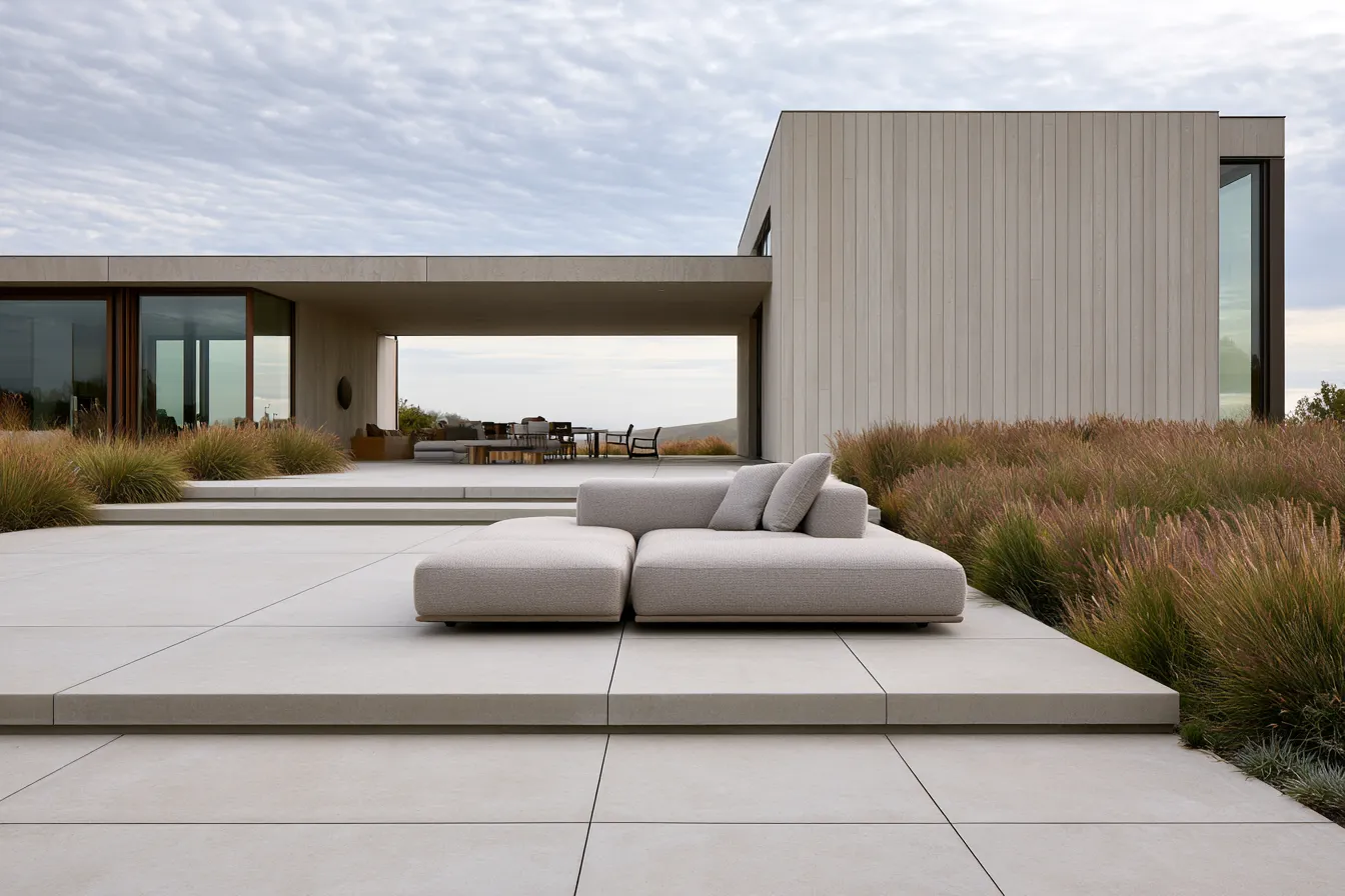 Minimalist outdoor living style with large format pavers and overcast light