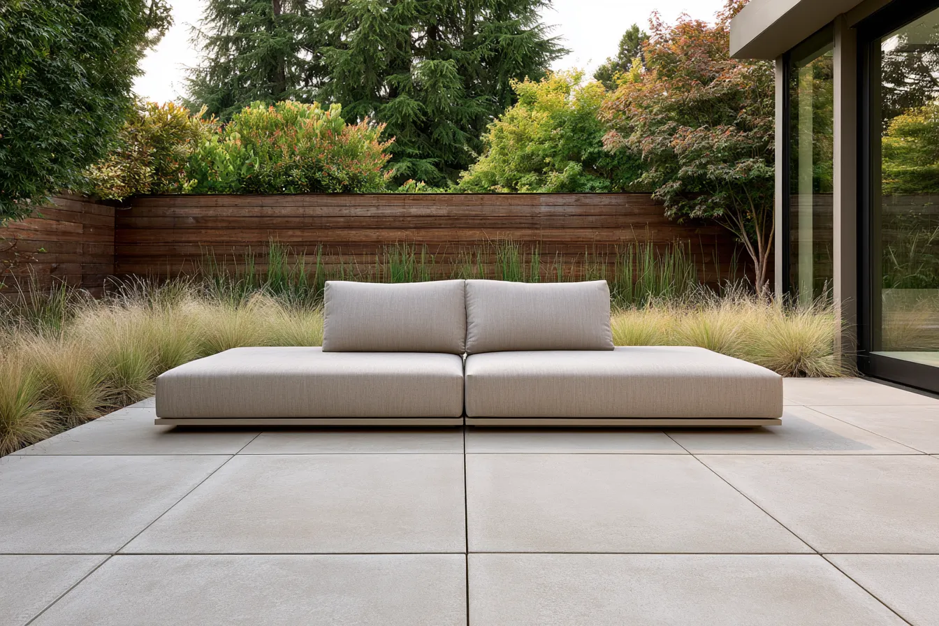 Modern minimalist style garden with single furniture piece and grass border