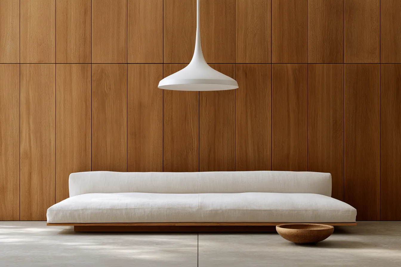 Minimalist style living room with warm oak paneling and low linen sofa in daylight