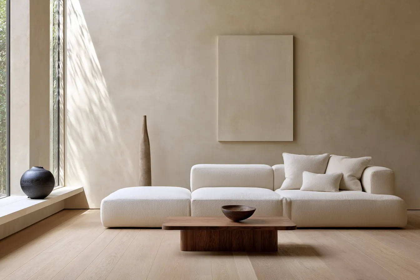 Minimalist style living room with oak floor and neutral plaster walls in natural light