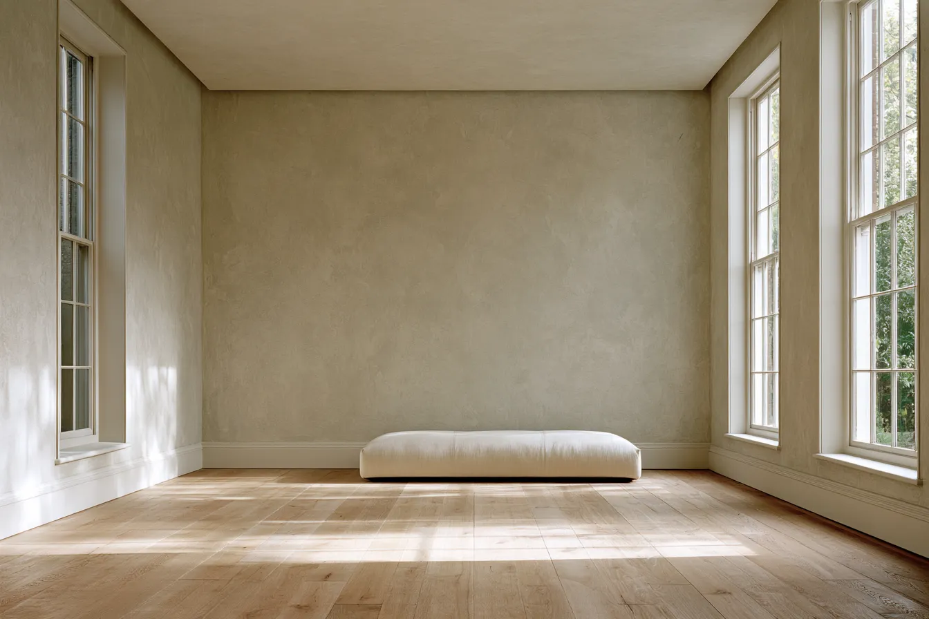 Modern minimalist interior design featuring low sofa and frameless windows