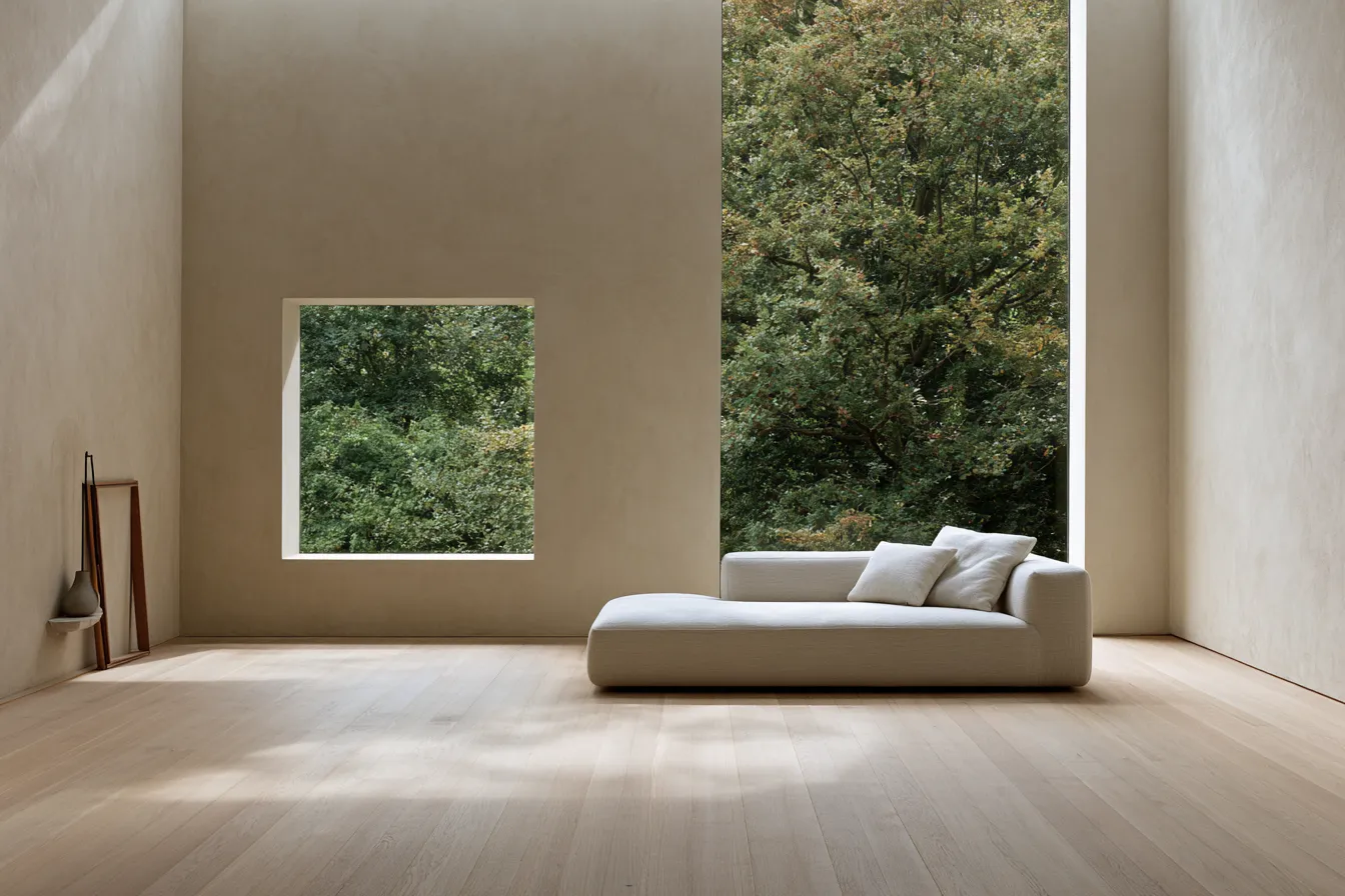 Clean minimalist home style with empty walls and warm muted tones