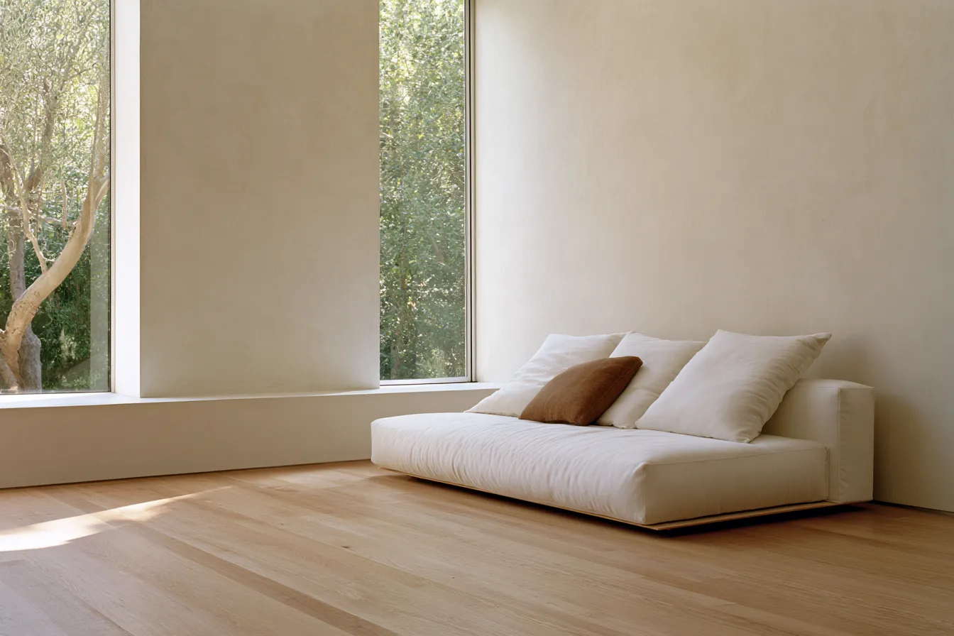 Minimalist style room interior with sparse furniture and diffused daylight