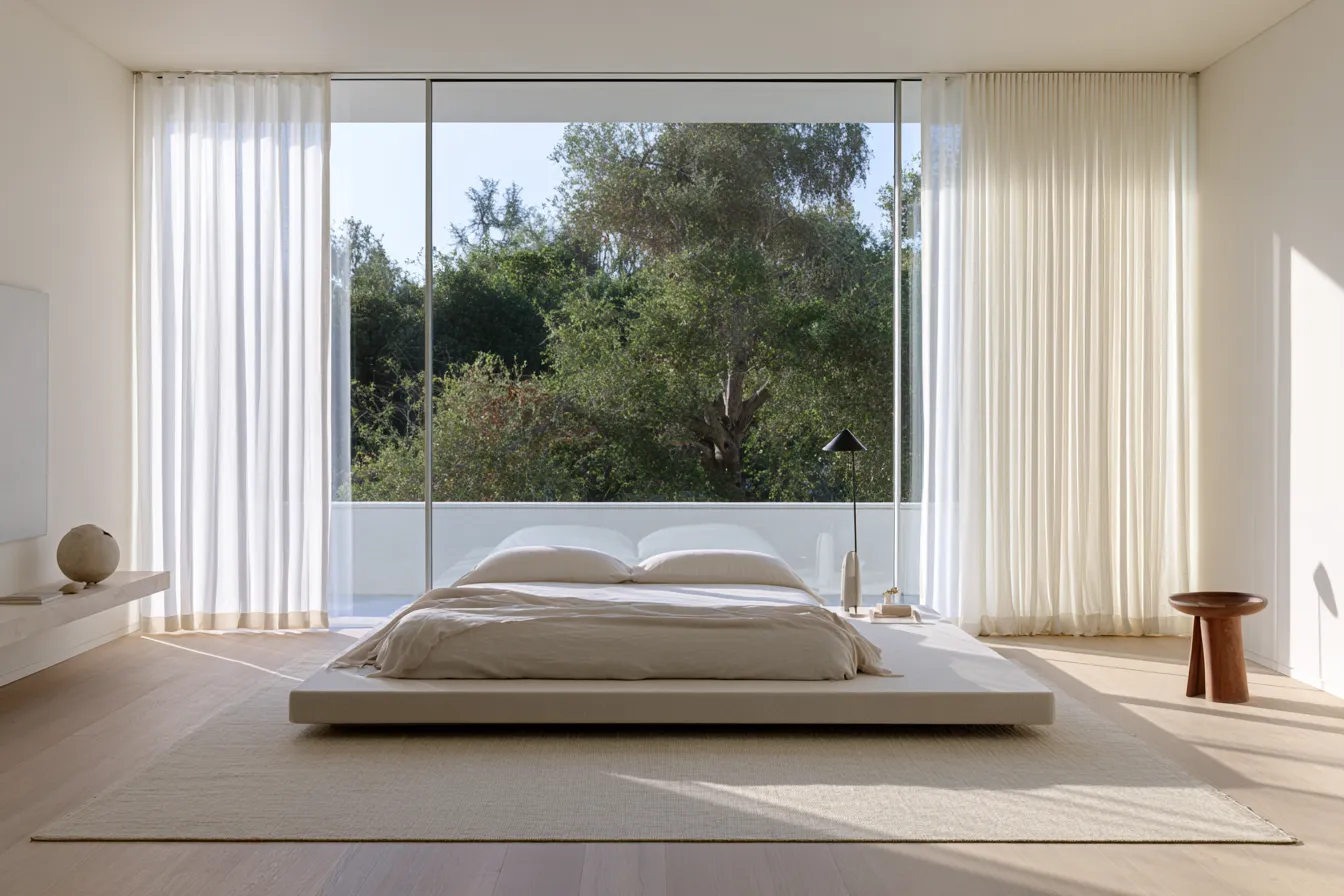 Minimalist home style bedroom featuring sheer white drapes and long shadow light