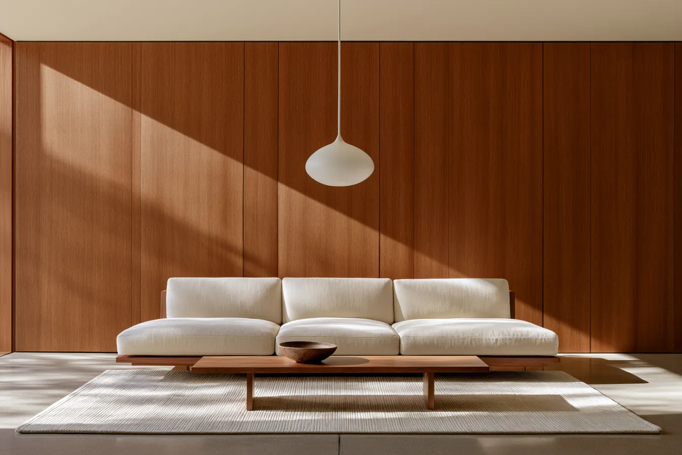 Clean minimalist interior design featuring concrete floor and single ceramic accent