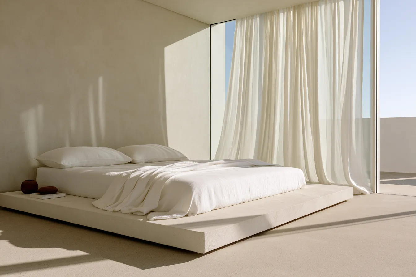 Serene minimalist style room with pale warm tones and frameless glass window
