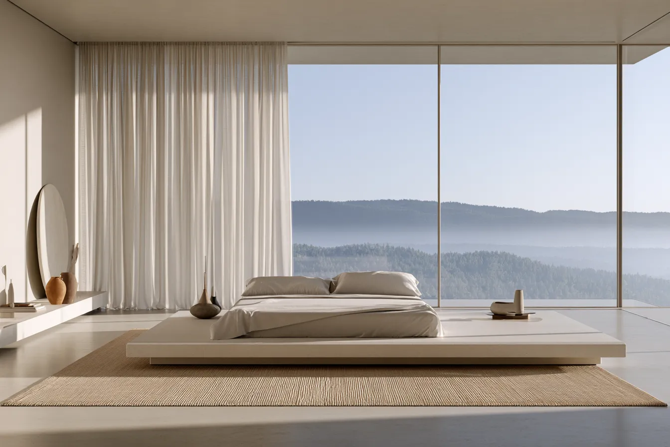 Minimalist bedroom style with frameless floor-to-ceiling window and sheer linen curtains