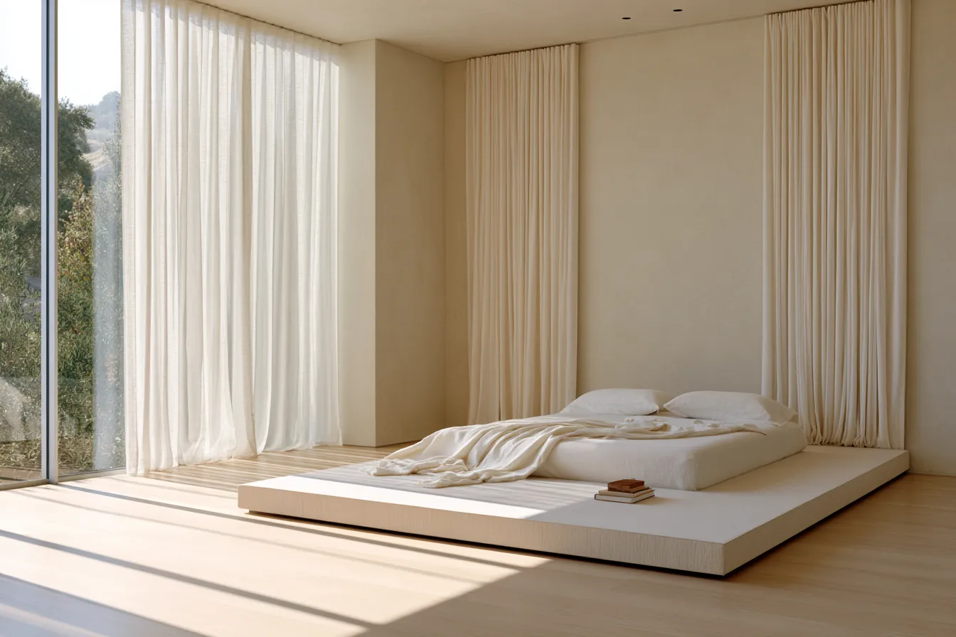 Clean minimalist interior design with low platform bed and morning light