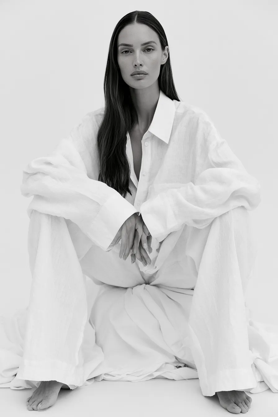 Modern minimalist wardrobe style featuring beige tones and clean silhouette