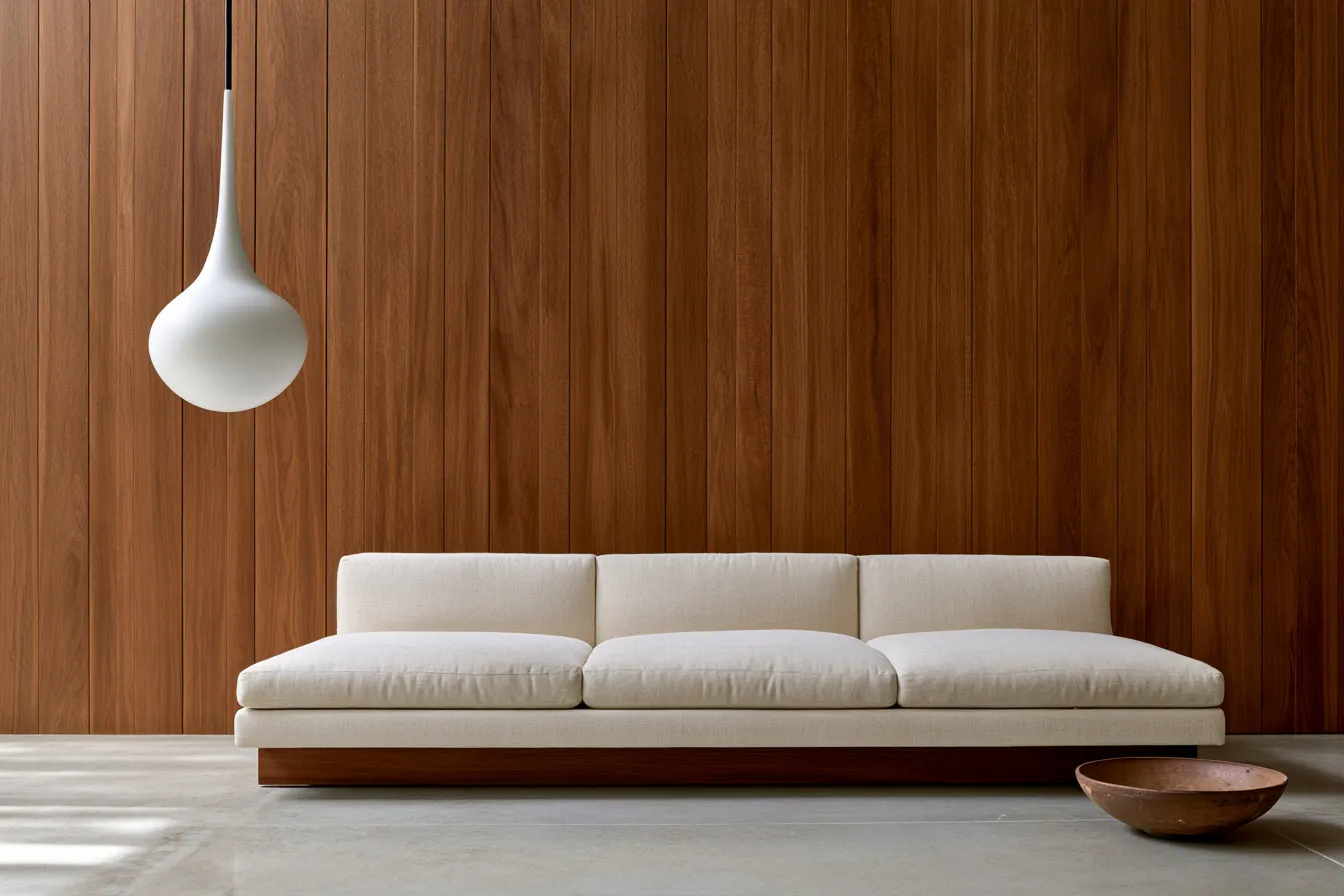 Warm minimalist home style with wood panel wall and pendant lighting