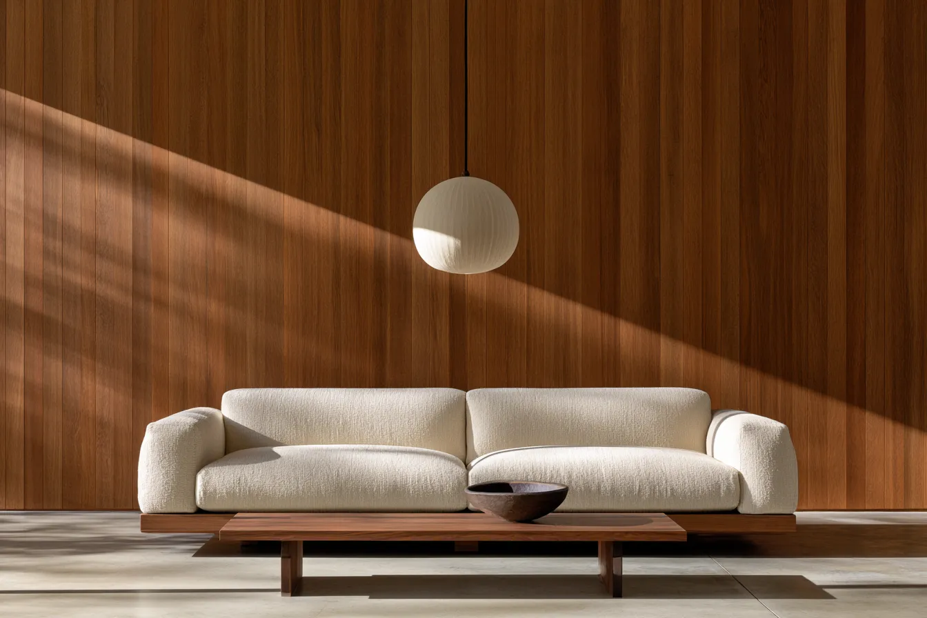 Modern minimalist living space with sparse furnishing and natural light