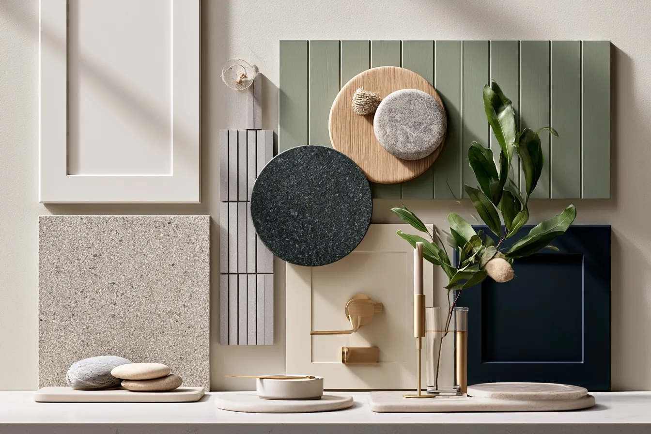 Kitchen color palette design ideas with material board samples from white to deep navy editorial photo