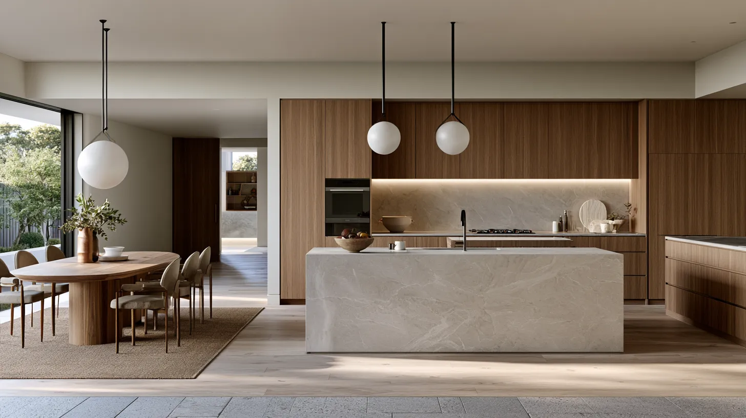 Open plan kitchen design ideas featuring pendant lights, oak parquet and stone tile transition