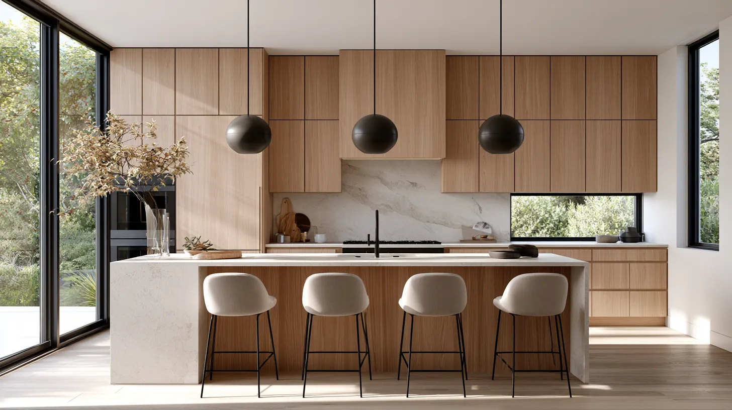 Modern kitchen design ideas featuring flat-panel oak cabinets and a waterfall stone island in natural light