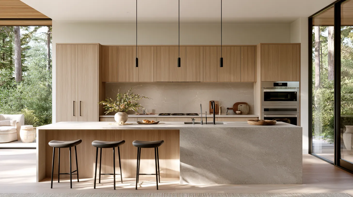 Contemporary kitchen design ideas with matte black fixtures and floor-to-ceiling windows