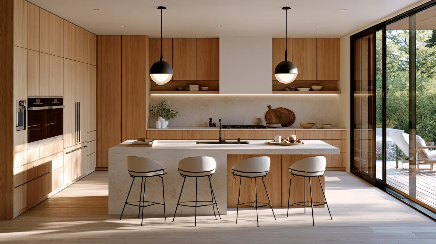 Open-plan modern kitchen interior design ideas with clean lines and warm wood tones