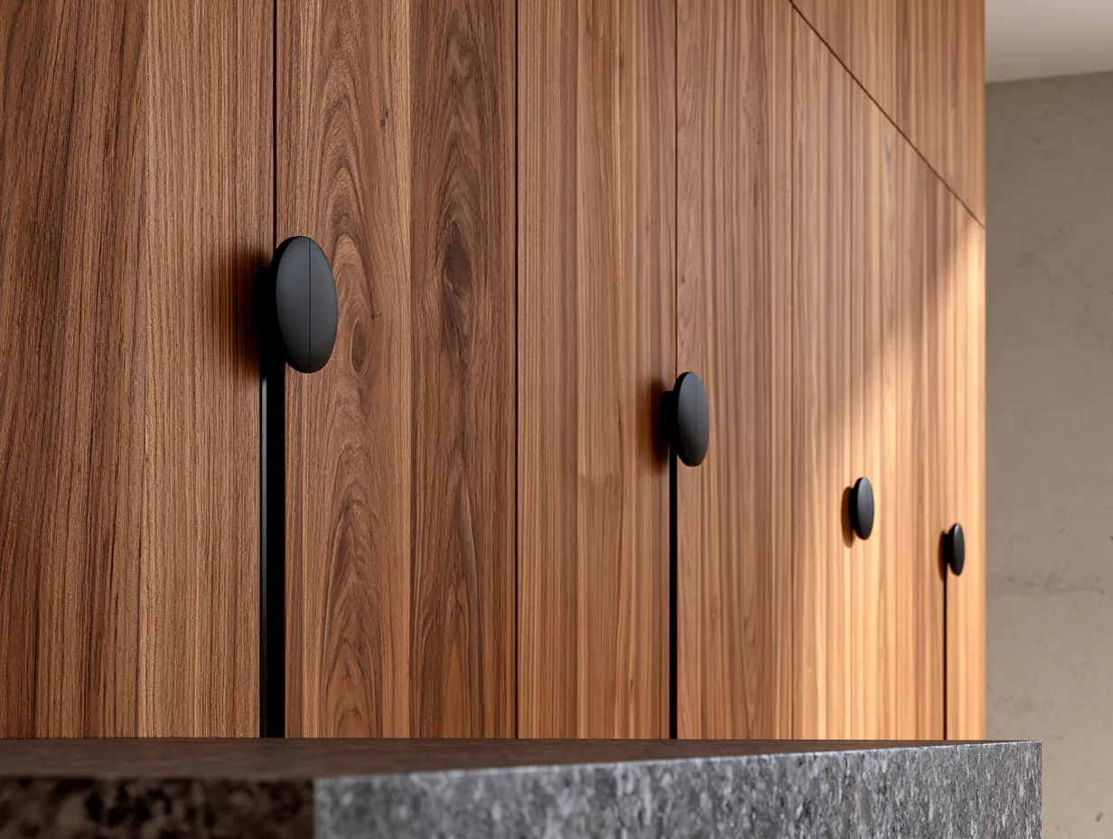 Kitchen storage design ideas featuring matte black pulls on natural wood cabinetry
