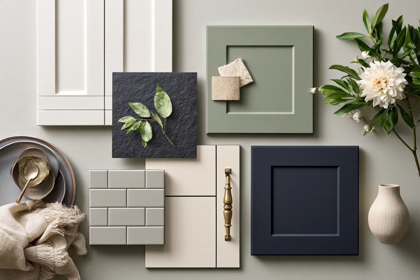 Modern kitchen design ideas color palette from sage green to charcoal flat lay photography