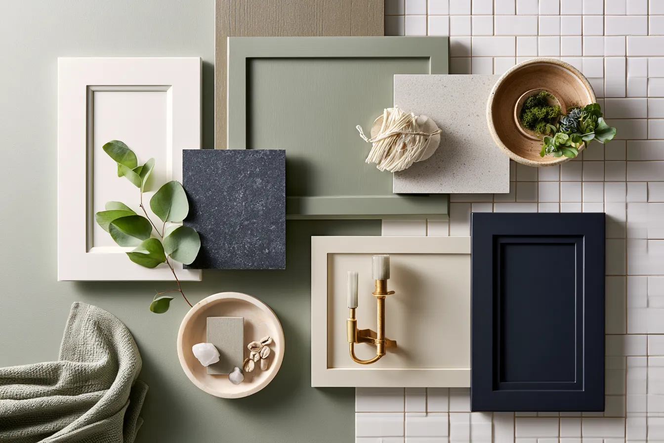 Kitchen interior color ideas including cream with brass and warm white shaker material samples