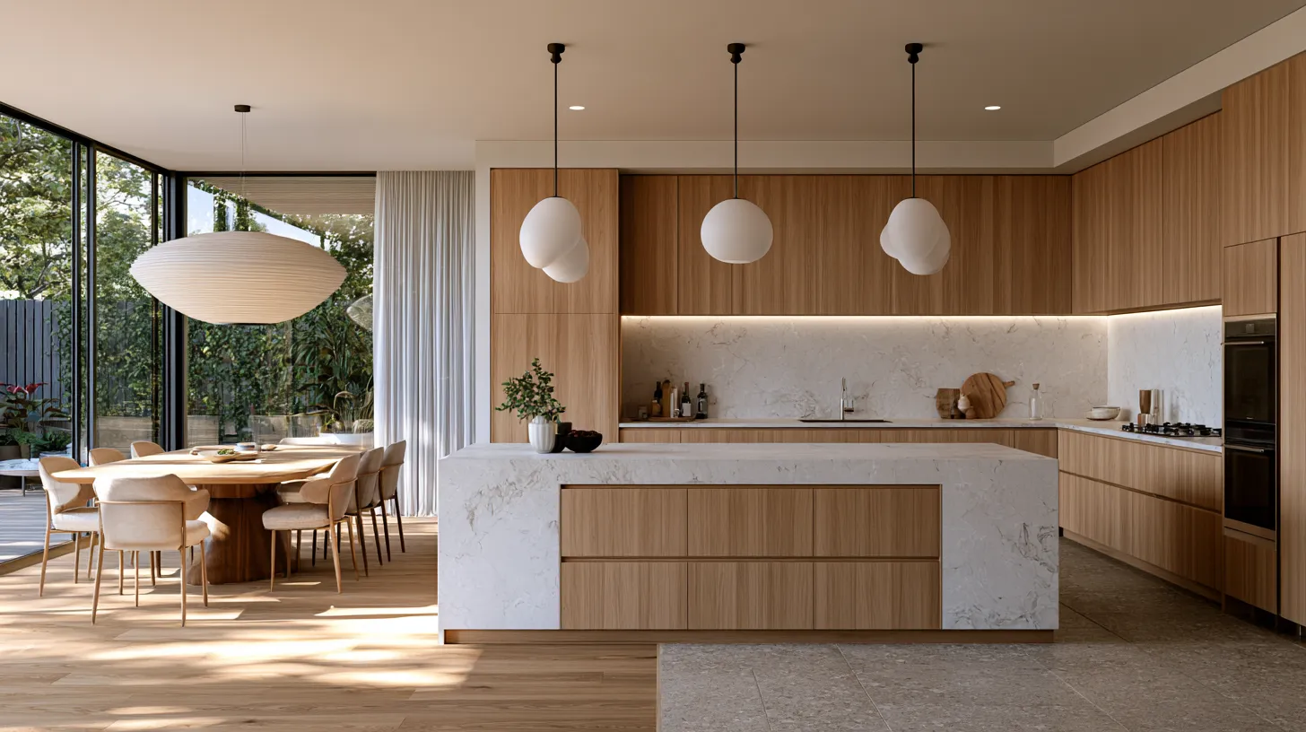 Kitchen living room design ideas showing material zoning between cooking and dining zones