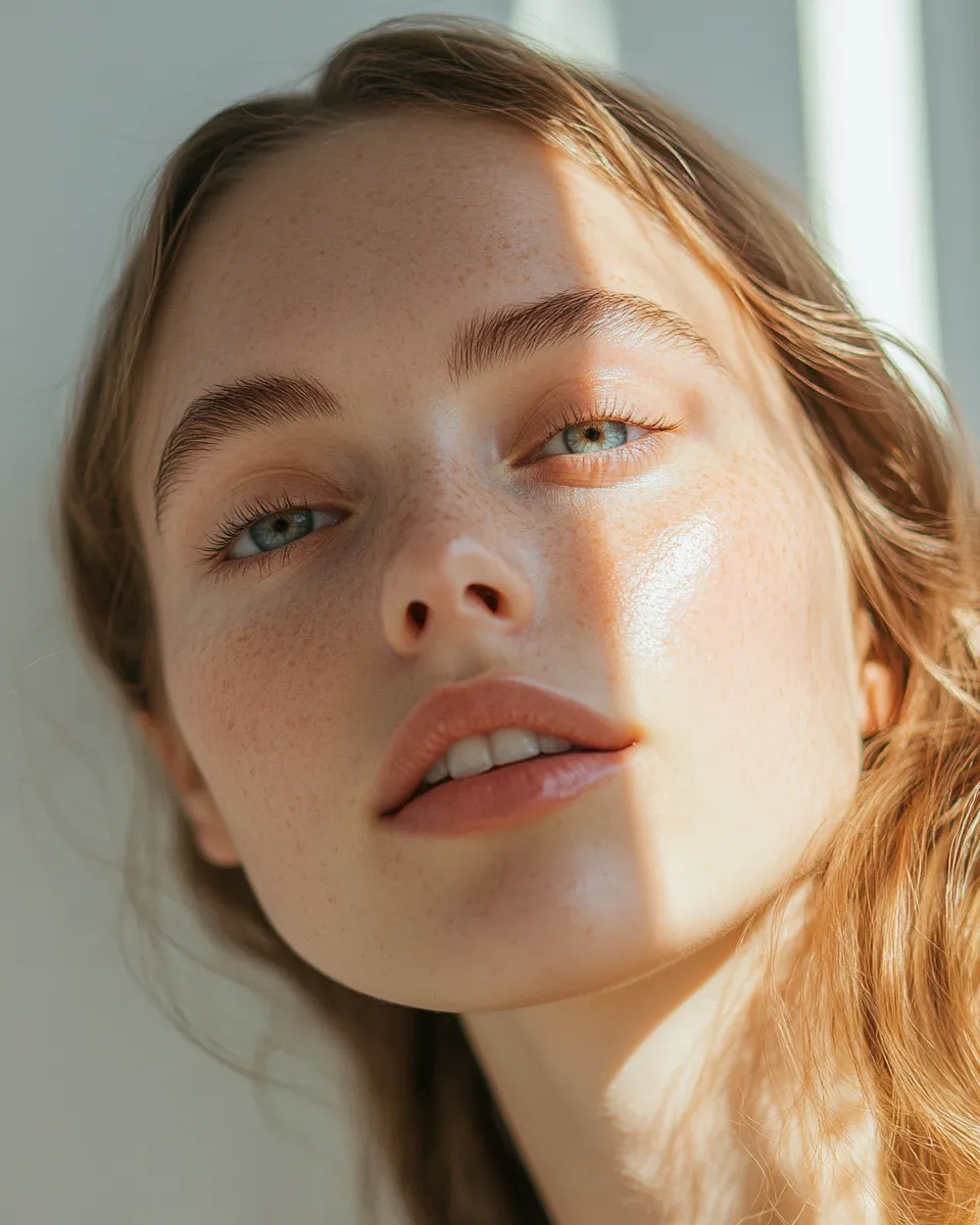 Woman with full no-makeup makeup routine finished — mascara, blush, balm and glowing skin tint
