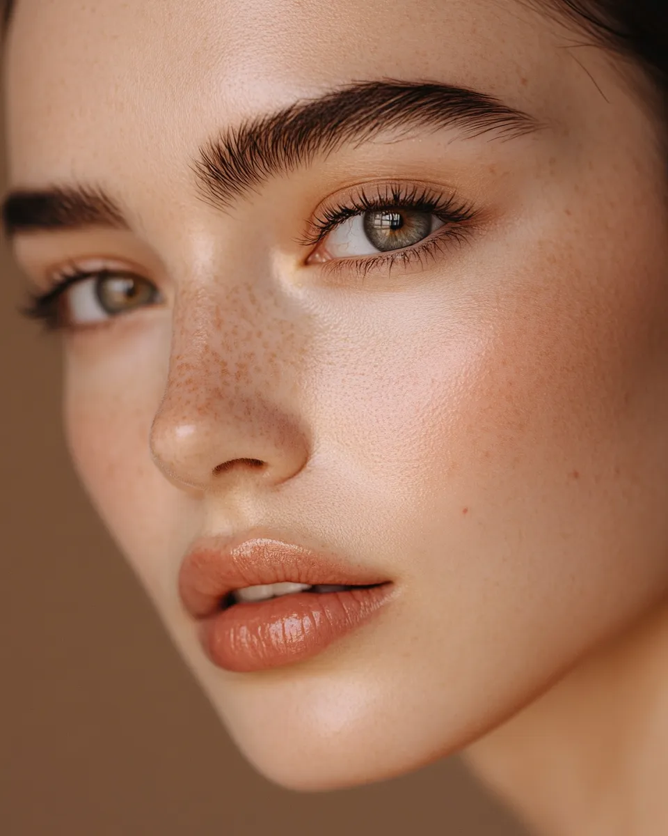 Close-up of woman with skin-like concealer blended under eyes for no-makeup makeup look