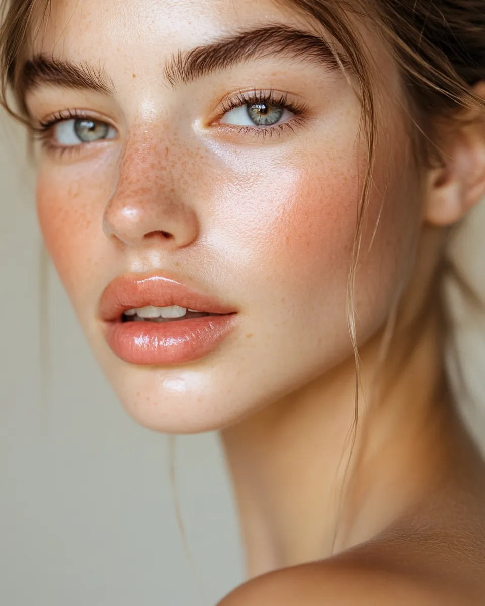 Woman with no-makeup makeup look featuring glowing skin and glossy lips in natural light
