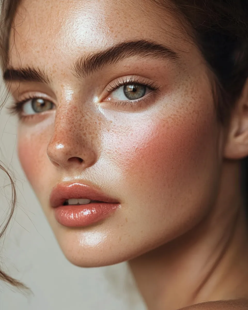 Editorial portrait of young woman with no-makeup makeup technique and luminous complexion