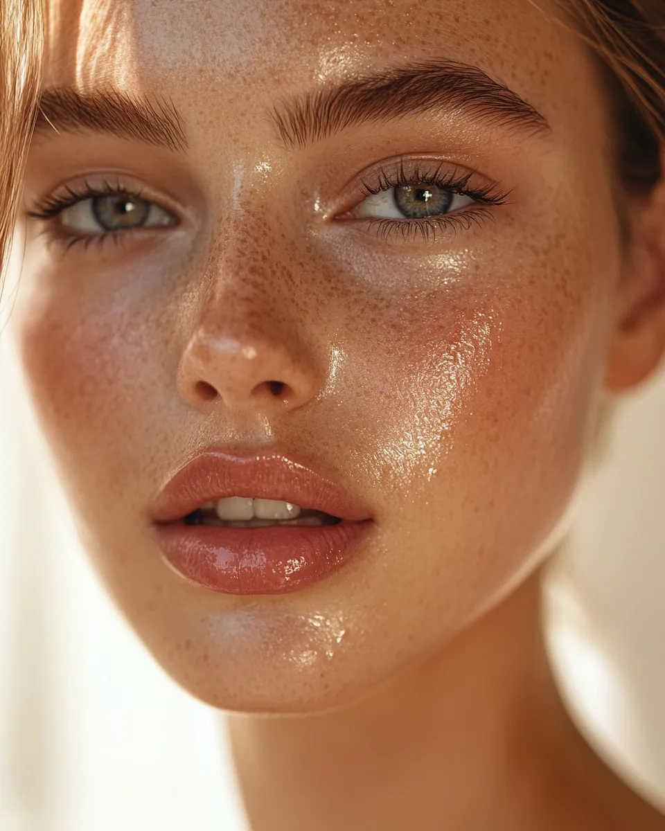 Close-up of woman wearing barely-there skin tint and natural blush for effortless finish