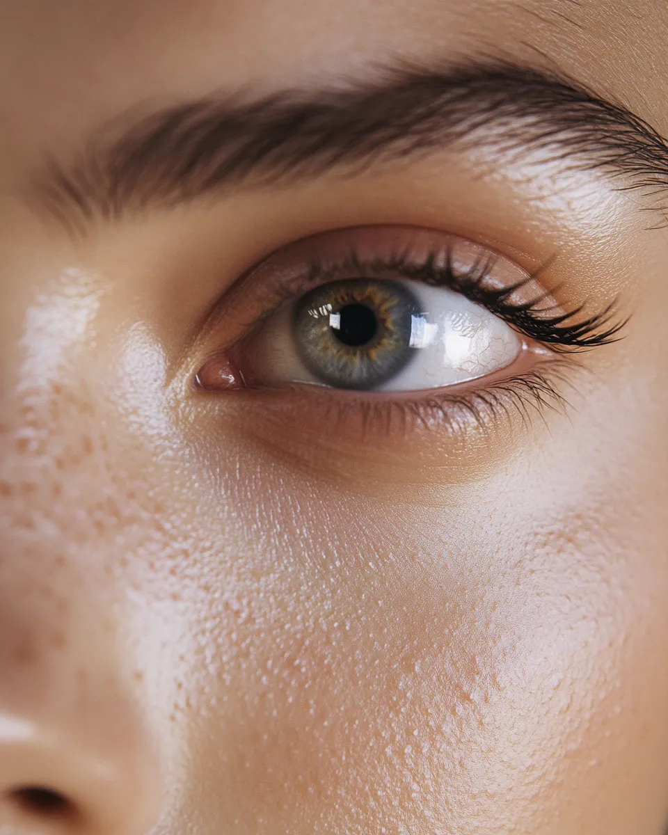 Macro beauty shot of woman's eyes with curled lashes and white waterline liner for awake open effect