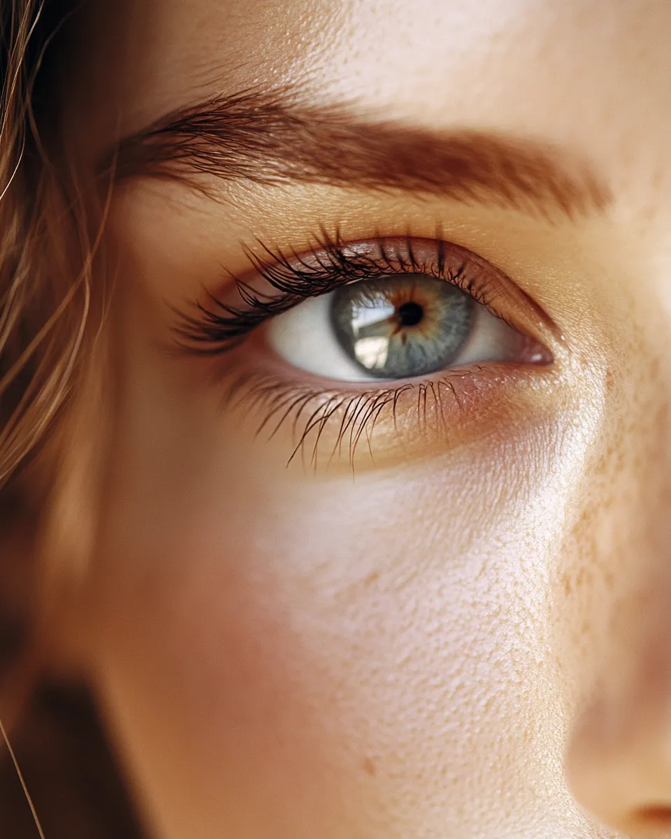 Close-up portrait showing minimal eye makeup with flesh-tone waterline liner and natural lashes