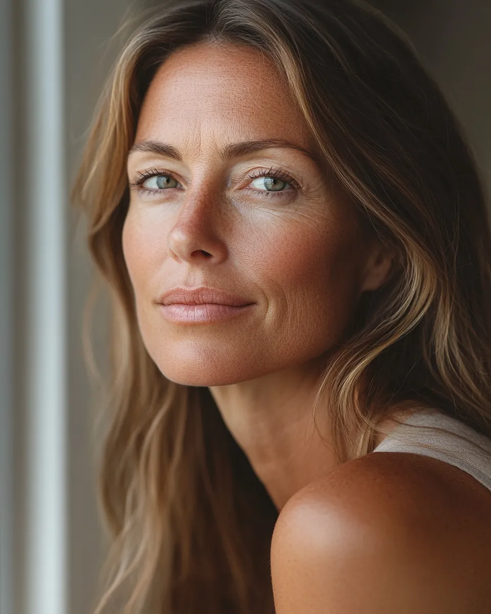 Woman in her 40s with luminous no-makeup makeup look using cream products on mature skin