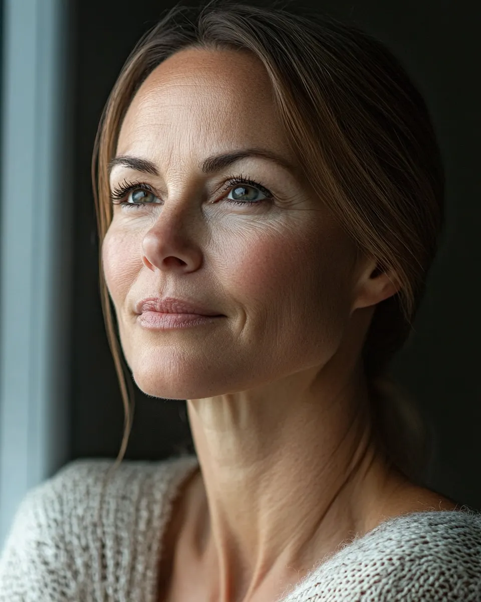 Mature beauty portrait showing minimal makeup with glowing skin and visible fine lines celebrated