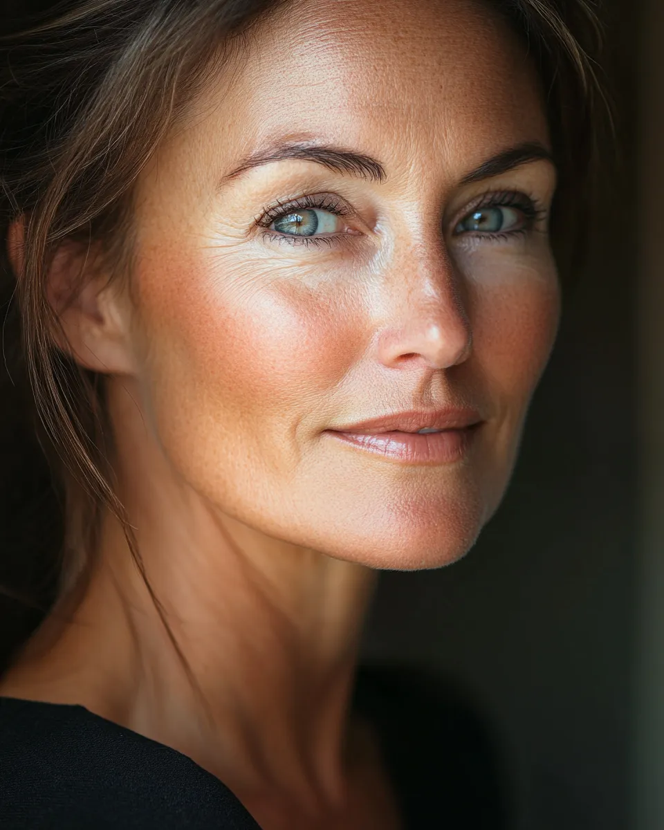 No-makeup look on 40s woman with dewy skin finish and natural warmth for everyday elegance