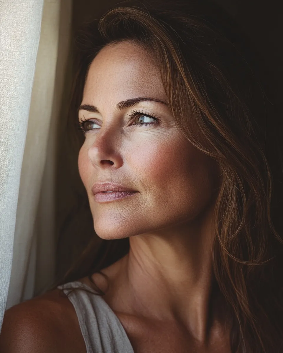 Editorial portrait of mature woman with skin-first minimal makeup and authentic glowing complexion